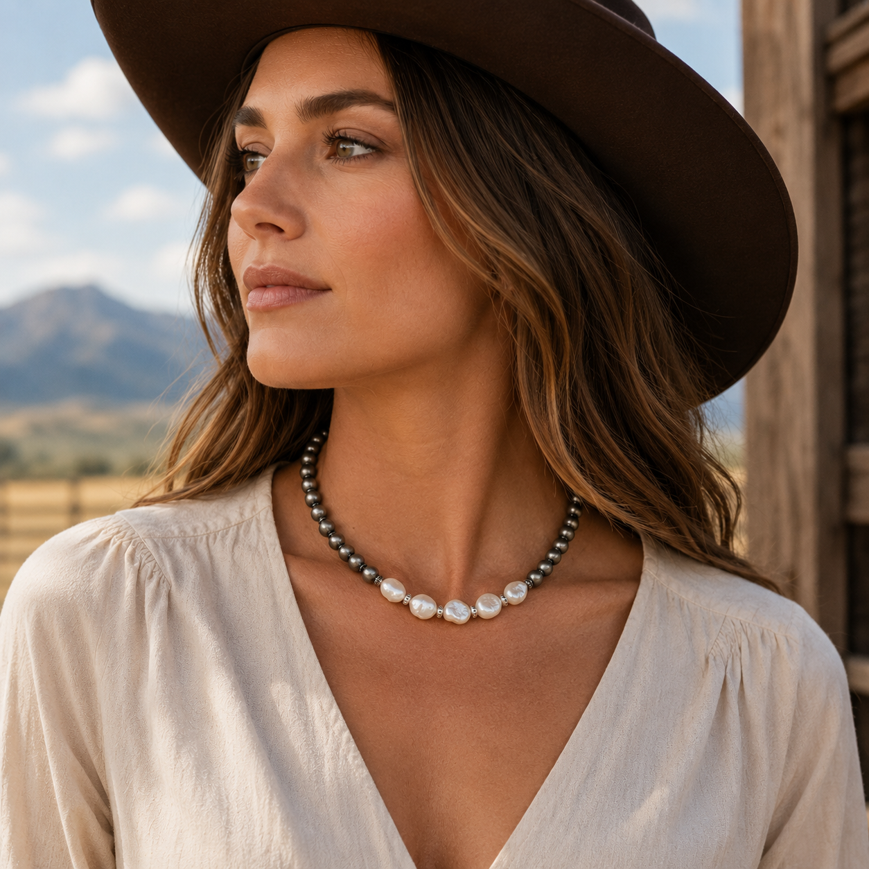 Western Navajo Grey Beaded Pearl Necklace Choker