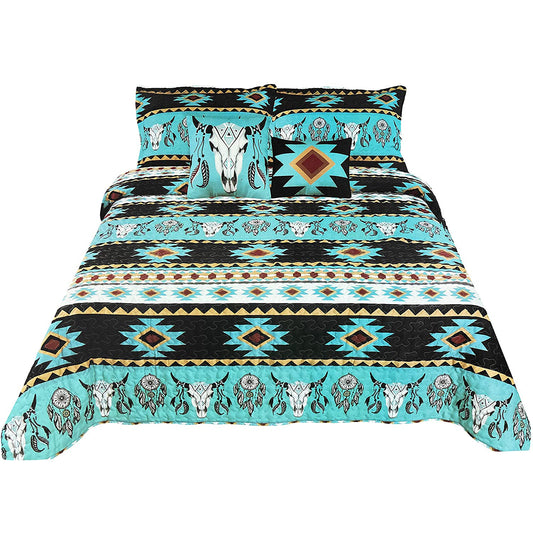 Bull Skull Tribal Artisan Southwestern Native Boho 5 Piece Quilt Bedding Black Teal