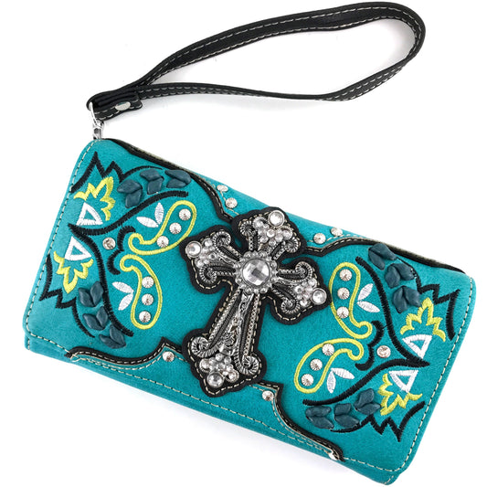 Western Peak Turquoise Yellow Silver Cross Floral Embroidered Concealed Carry Trifold Wallet