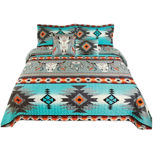 SOUTHWESTERN PHOENIX 3p Full Queen QUILT SET : TURQUOISE SOUTHWEST NATIVE  TRIBAL