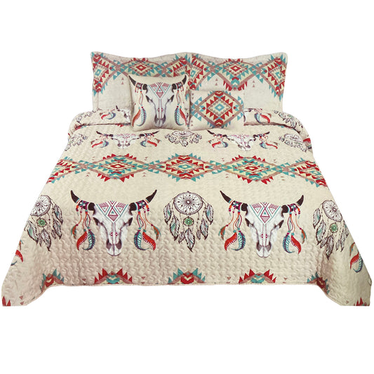 Bull Skull Tribal Artisan Southwestern Native Boho 5 Piece Quilt Bedding Beige Ivory