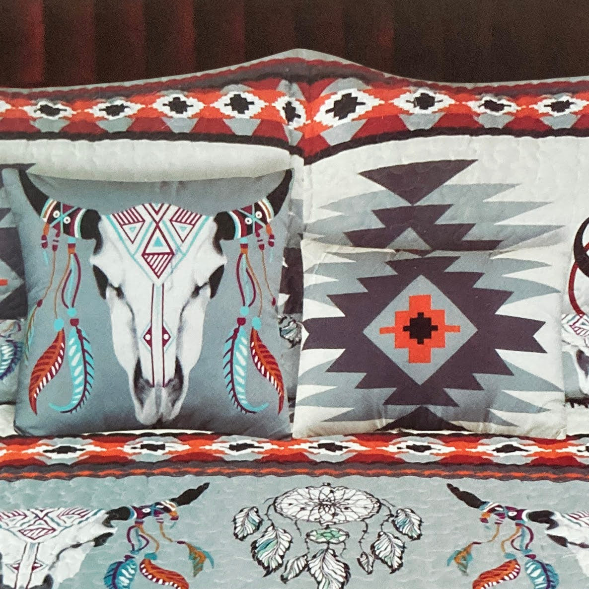 Bull Skull Tribal Artisan Southwestern Native Boho 5 Piece Quilt Bedding Tribal Grey